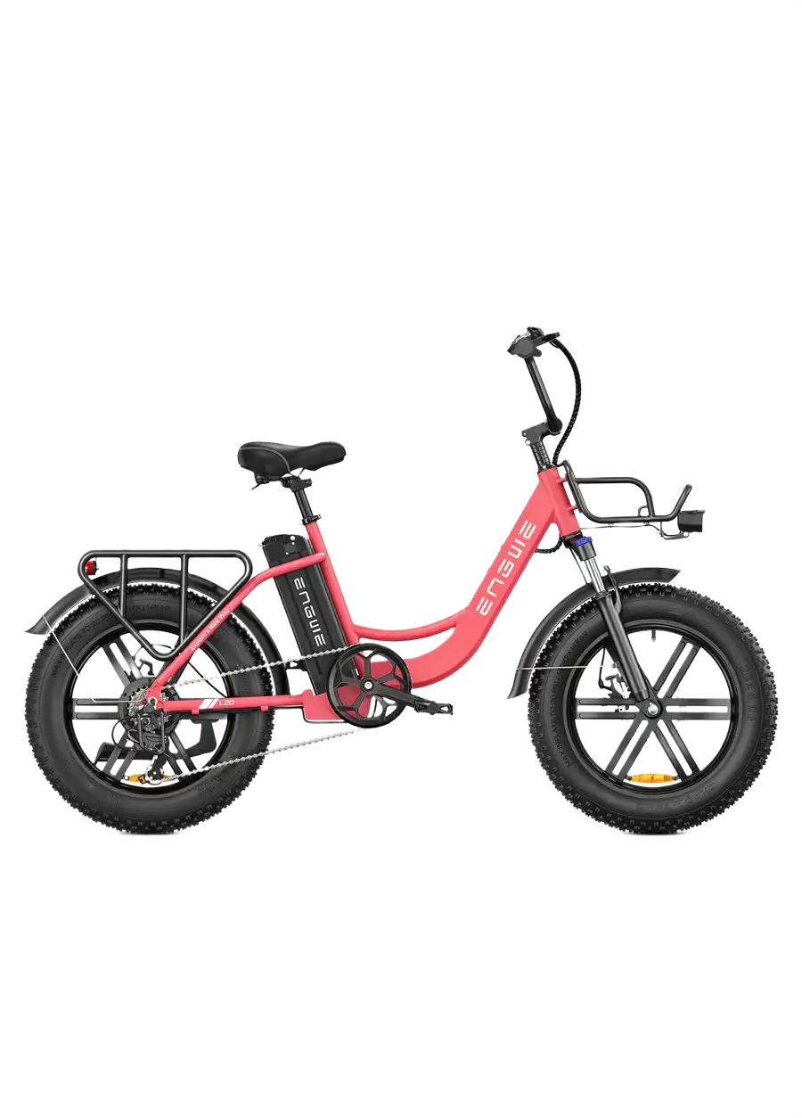 ENGWE L20 pink electric bike with black details on a white background