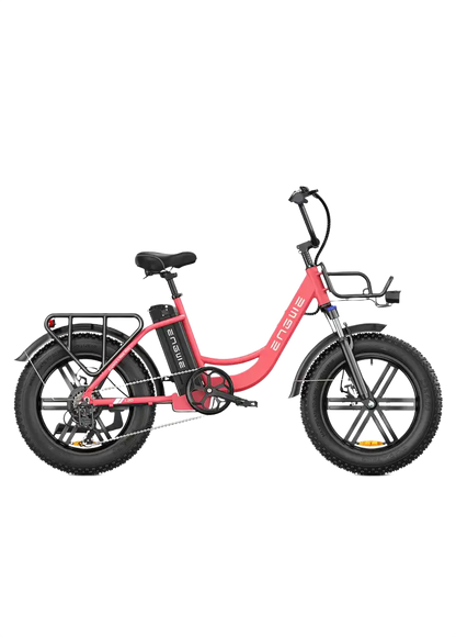ENGWE L20 pink electric bike with black details on a white background