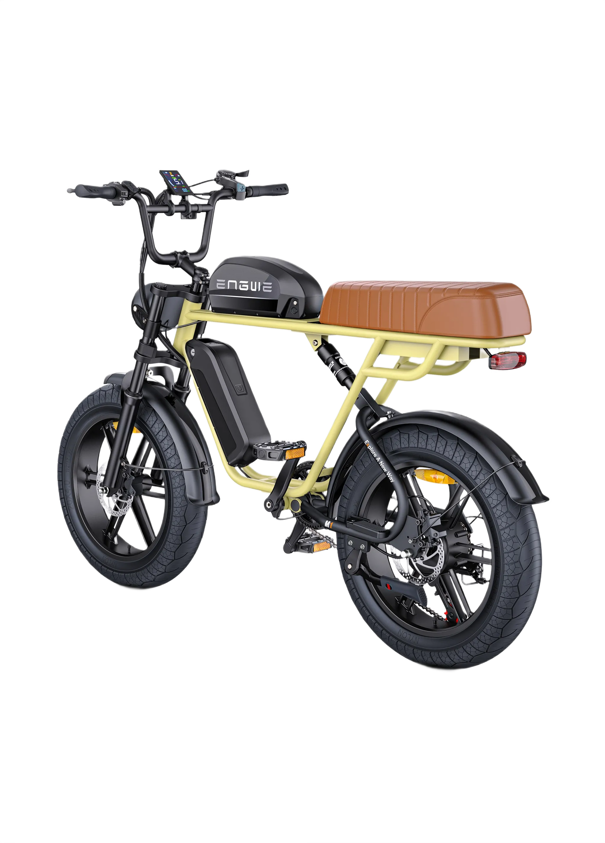 ENGWE M1 Yellow electric bike with a brown seat on a white background