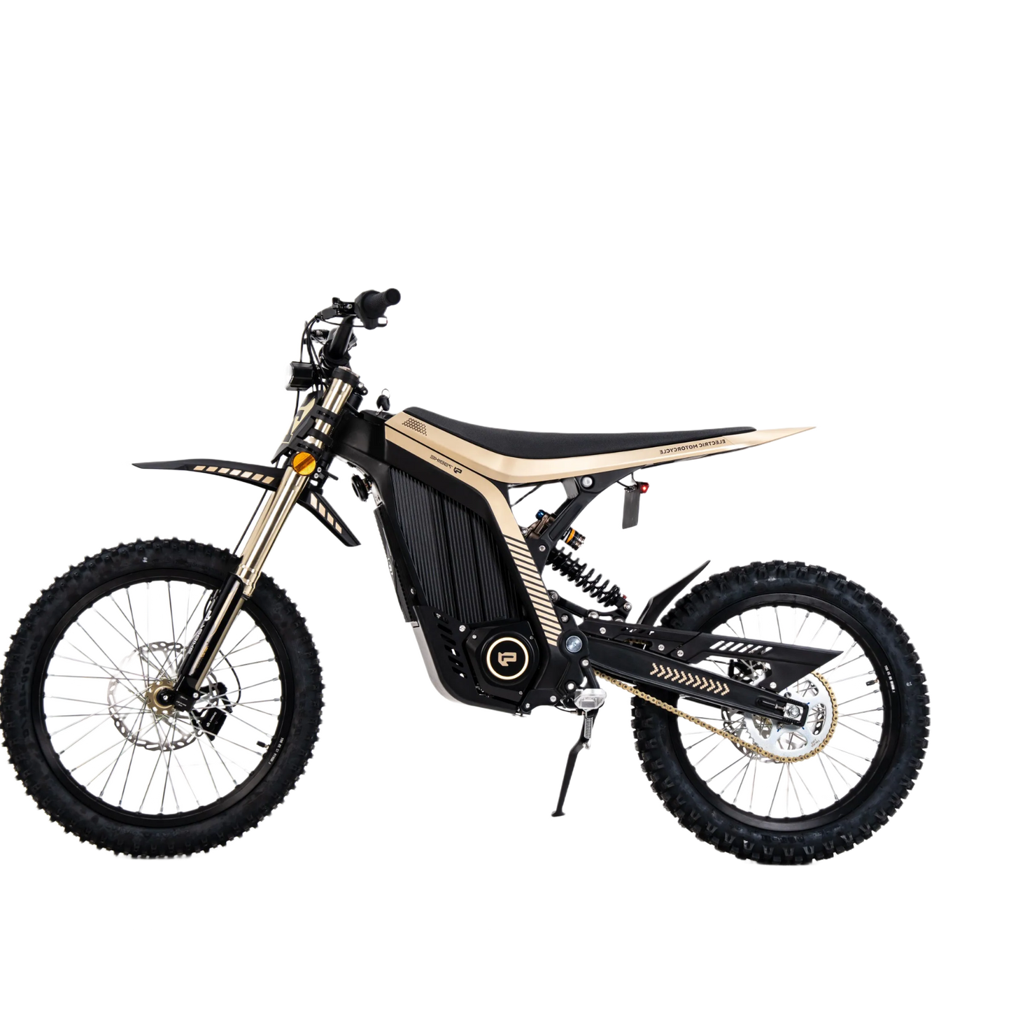 79BIKE Must-kuldse värvilahendusega elektriline maastikumootorratas, millel on must iste, mustad rehvid, keskel asuv must aku ning kuldsed detailid esikahvlil ja raamil.
