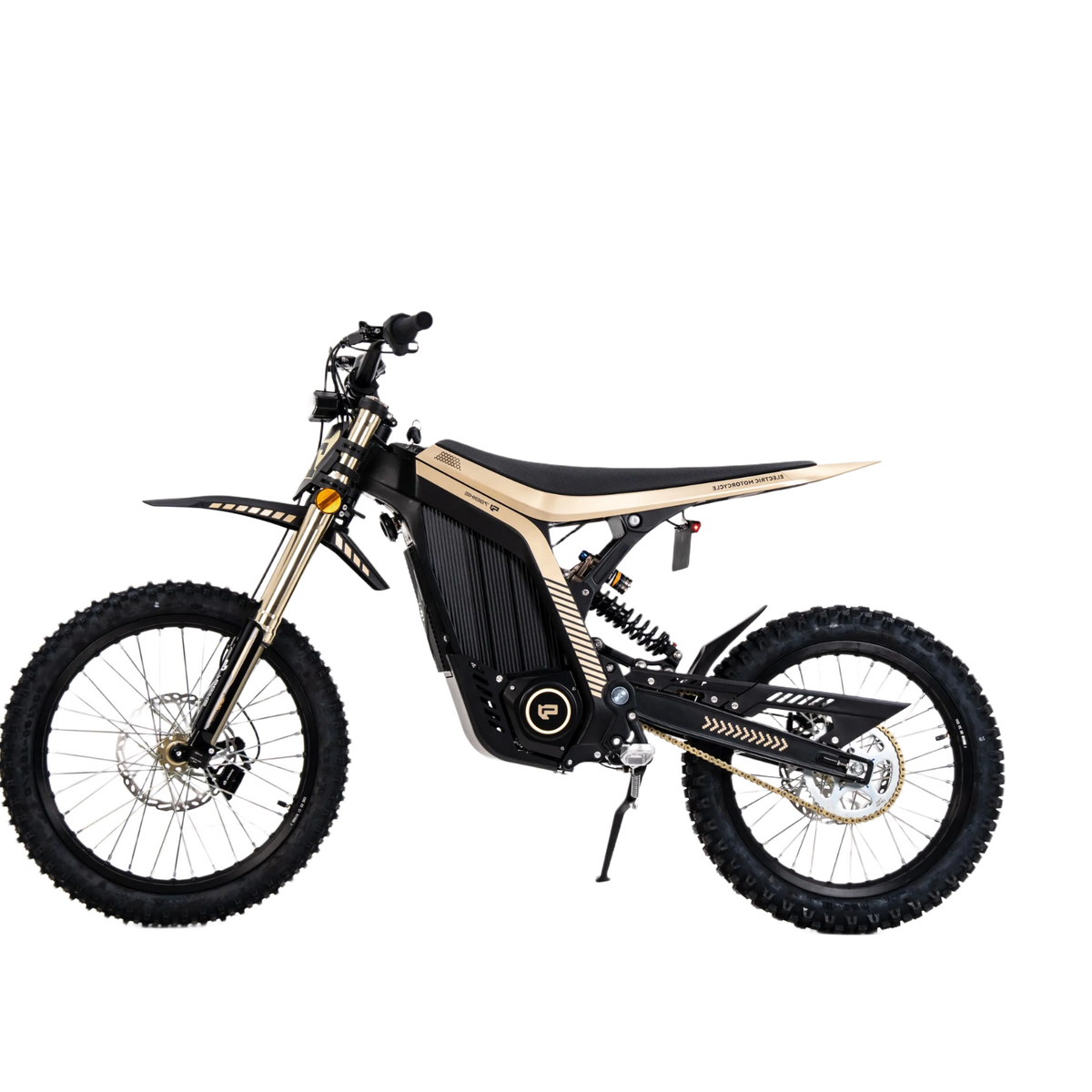 79BIKE Must-kuldse värvilahendusega elektriline maastikumootorratas, millel on must iste, mustad rehvid, keskel asuv must aku ning kuldsed detailid esikahvlil ja raamil.
