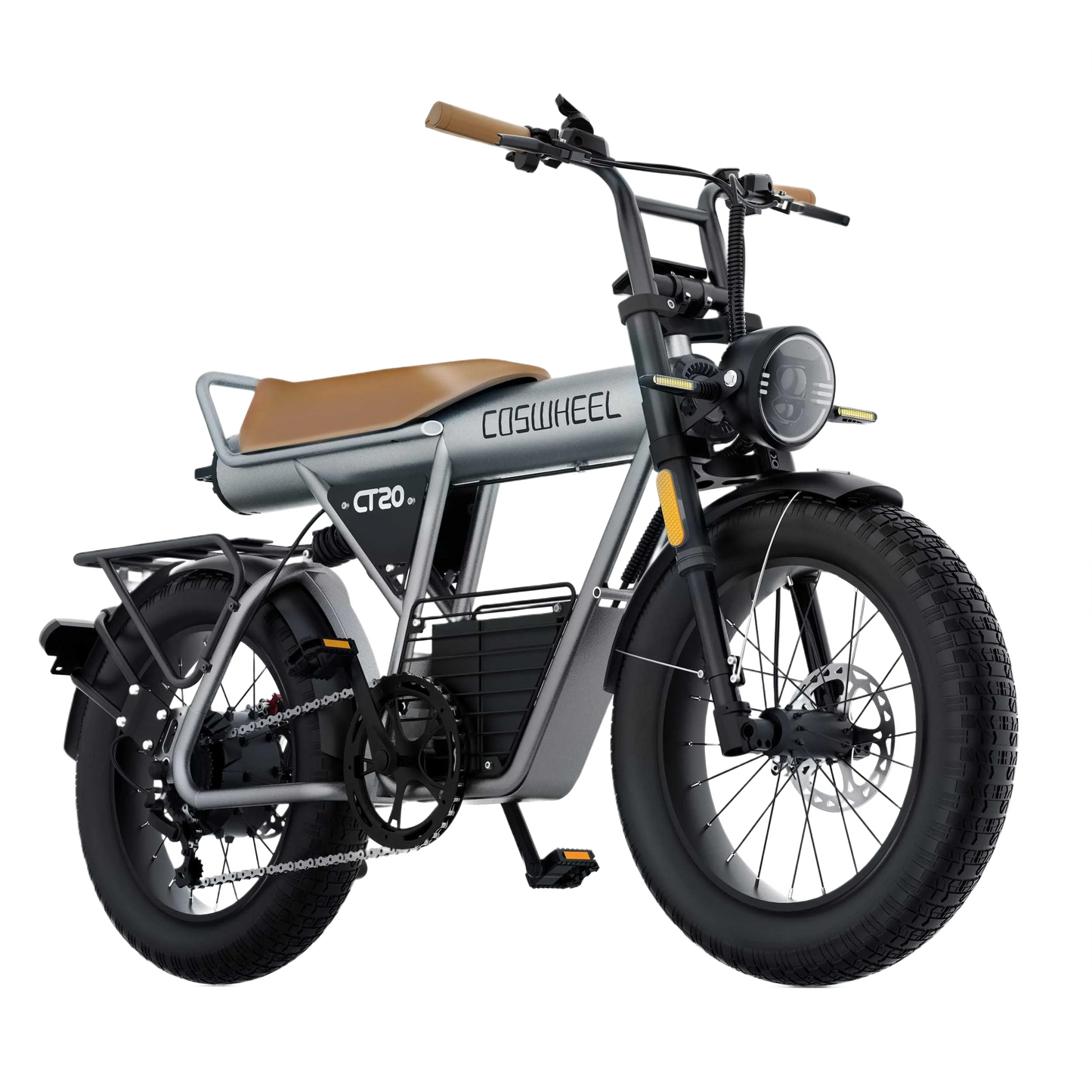 COSWHEEL CT20 electric bike with a brown seat on a white background